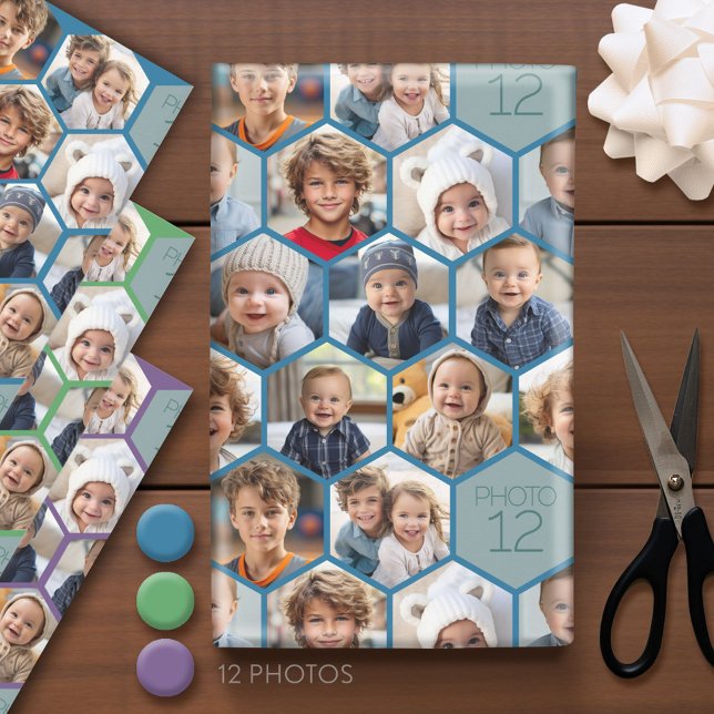 Feuille De Papier Cadeau 12 Photo Collage - Hexagon honeycomb motif (Custom Photo Wrapping Paper)