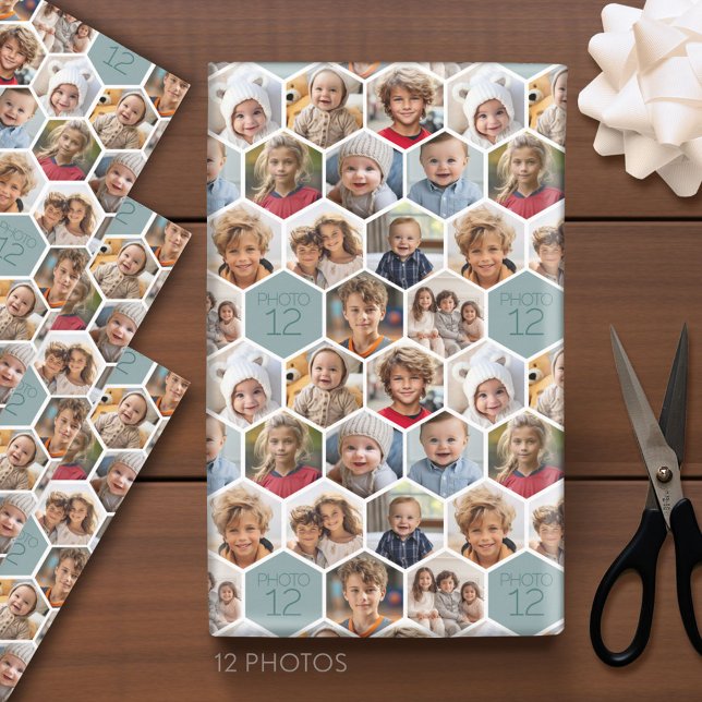 Feuille De Papier Cadeau 12 Photo Collage - Hexagon honeycomb motif (Custom Photo Wrapping Paper)