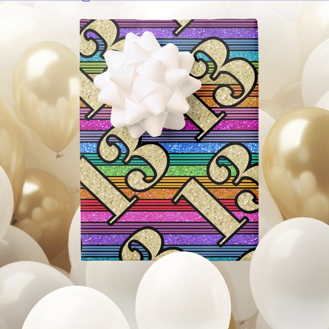 Feuille De Papier Cadeau 13e Anniversaire Gold Numbers Rainbow Stripe Parti (Créateur téléchargé)
