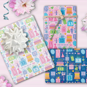 Feuille De Papier Cadeau 13e anniversaire Pink Cake présente des ballons