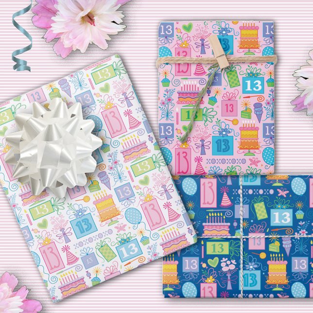 Feuille De Papier Cadeau 13e anniversaire Pink Cake présente des ballons (Créateur téléchargé)