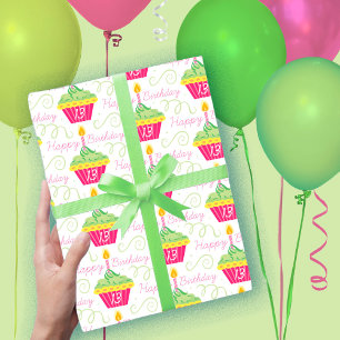 Feuille De Papier Cadeau 13e anniversaire Pink Green Cupcakes