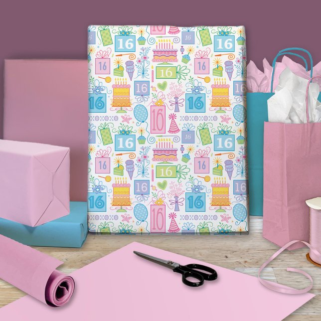 Feuille De Papier Cadeau 16e anniversaire Bright Pastel Cake présente des b (Créateur téléchargé)