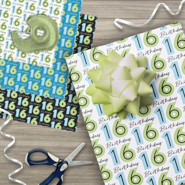 Feuille De Papier Cadeau 16e anniversaire Numéros Bleu vert (Créateur téléchargé)