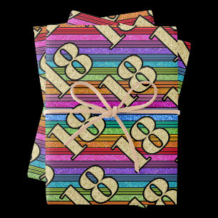 Feuille De Papier Cadeau 18e anniversaire Gold Numbers Rainbow Stripe Parti