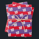 Feuille De Papier Cadeau 18th Happy Birthday Ajouter un nom<br><div class="desc">Un 18e anniversaire de fête - Ajoutez un nom,  Customisez l'âge et dites Joyeux anniversaire avec ce 3 feuilles d'enveloppement cadeau personnalisé en violet,  rouge et blanc pour aider à célébrer la journée spéciale.</div>