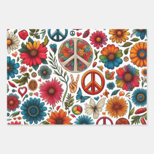 Feuille De Papier Cadeau 1960 Hippie Couple enfant à fleurs Peace & Love ar
