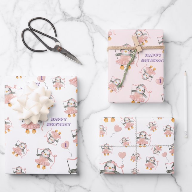 Feuille De Papier Cadeau 1er anniversaire mignon Ballerina Penguin rose (Recto)