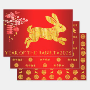 Feuille De Papier Cadeau 2023 Année du lapin Rouge et Or