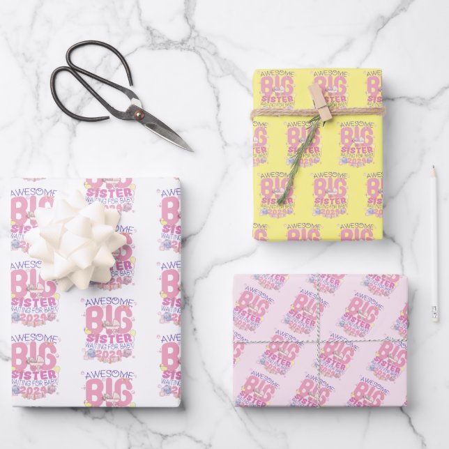 Feuille De Papier Cadeau 2024 Grande Soeur en attente de nouveau bébé (Recto)