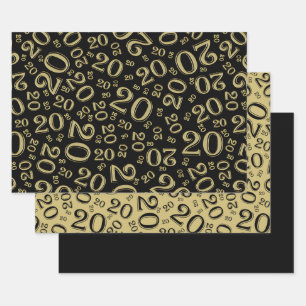 Feuille De Papier Cadeau 20e anniversaire Motif du numéro noir et or 20