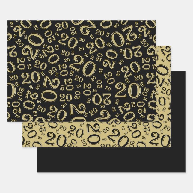 Feuille De Papier Cadeau 20e anniversaire Motif du numéro noir et or 20 (Lot)