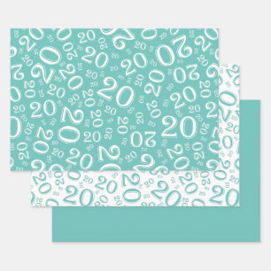 Feuille De Papier Cadeau 20e anniversaire Turquoise et blanc Motif 20