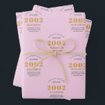 Feuille De Papier Cadeau 21st Birthday 2002 Ajouter le nom Pink Grey<br><div class="desc">Un design personnalisé de papier d'emballage pour cette fête d'anniversaire pour une personne spéciale. Ajoutez le nom à ce design vintage de style rétro rose et gris pour un cadeau d'anniversaire personnalisé. Modifiez facilement le nom et l'année avec le modèle fourni. Un merveilleux cadeau d'anniversaire personnalisé. Plus de cadeaux et...</div>