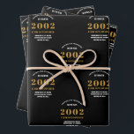 Feuille De Papier Cadeau 21st Birthday 2002 Black Gold Ajouter Nom<br><div class="desc">Un design personnalisé de papier d'emballage pour cette fête d'anniversaire pour une personne spéciale. Ajoutez le nom à ce design vintage de style rétro noir et or pour un cadeau d'anniversaire personnalisé. Modifiez facilement le nom et l'année avec le modèle fourni. Un merveilleux cadeau d'anniversaire personnalisé. Plus de cadeaux et...</div>
