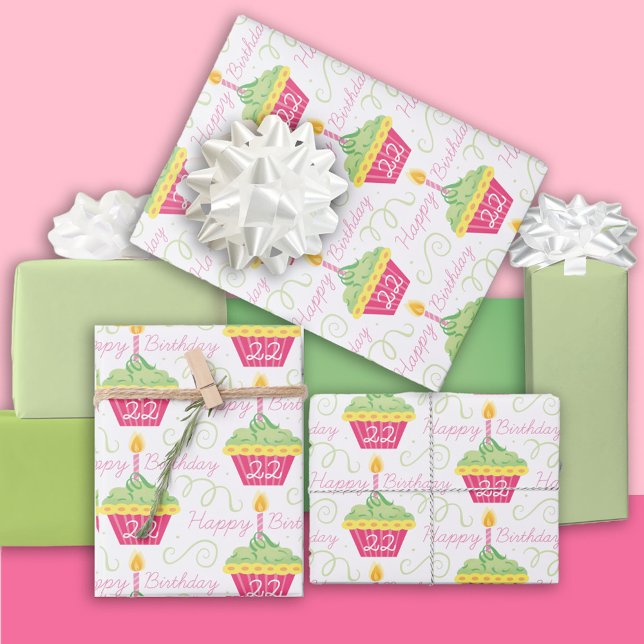 Feuille De Papier Cadeau 22e anniversaire Pink Green Cupcakes Wrapping Papi (Créateur téléchargé)