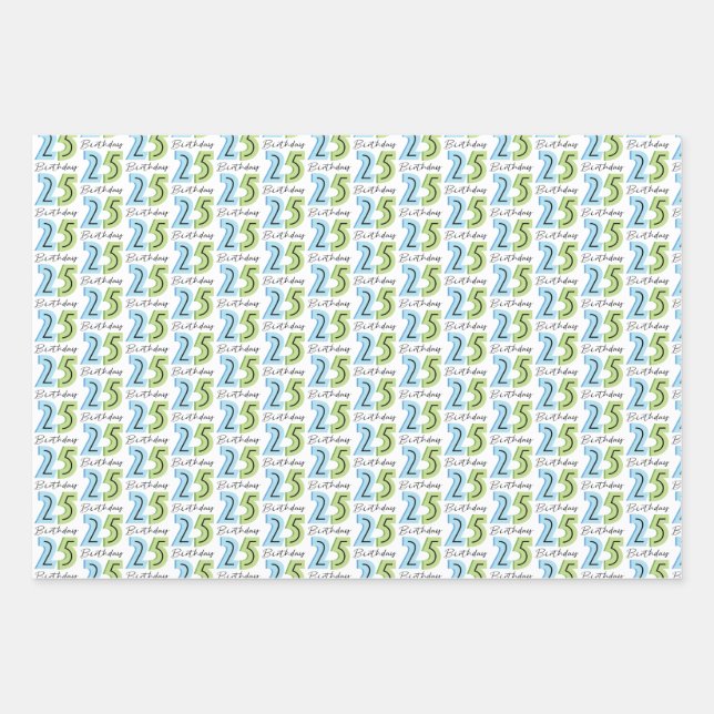 Feuille De Papier Cadeau 25e anniversaire chiffres bleu vert (Devant)