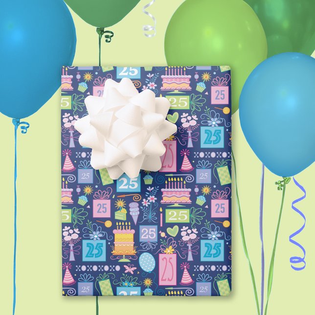 Feuille De Papier Cadeau 25e Anniversaire Gâteau présente Ballons Bleu (Créateur téléchargé)