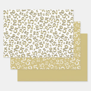 Feuille De Papier Cadeau 25e anniversaire Gold & White Number Motif 25