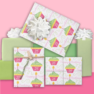 Feuille De Papier Cadeau 25e anniversaire Pink Green Cupcakes