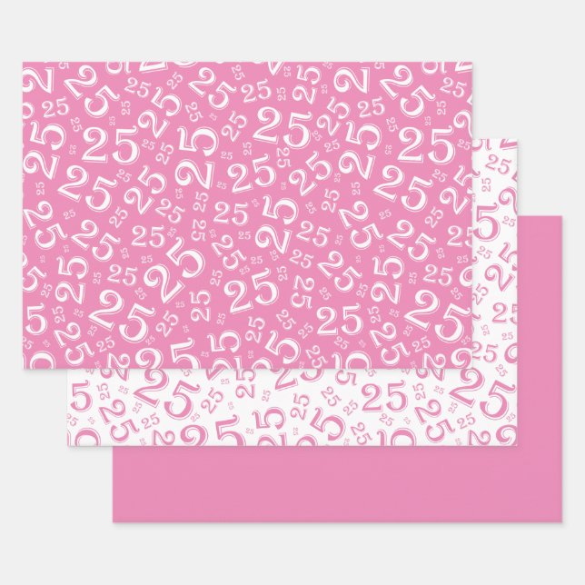 Feuille De Papier Cadeau 25e anniversaire rose et blanc Numéro Motif 25 (Lot)