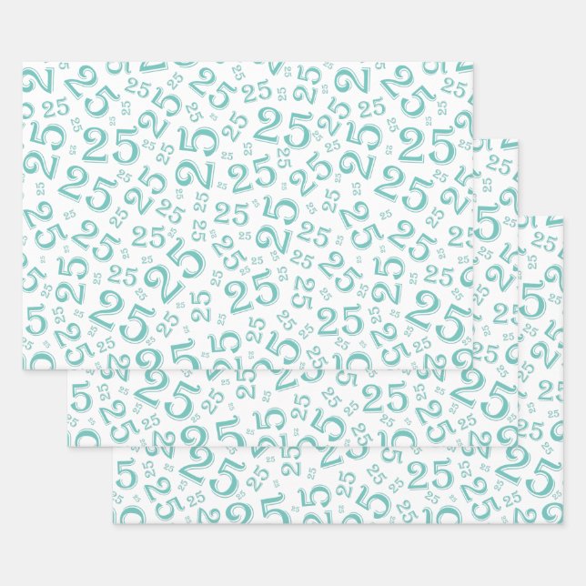 Feuille De Papier Cadeau 25e anniversaire Turquoise et blanc Motif de numér (Lot)