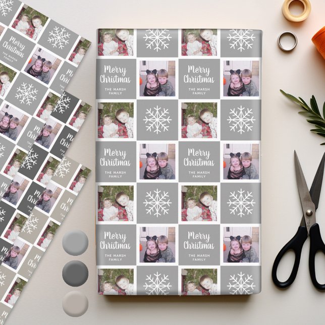 Feuille De Papier Cadeau 2 Neutres gris photo Joyeux flocons de neige de No (Personalized Wrapping Paper - add photos to this festive holiday design)