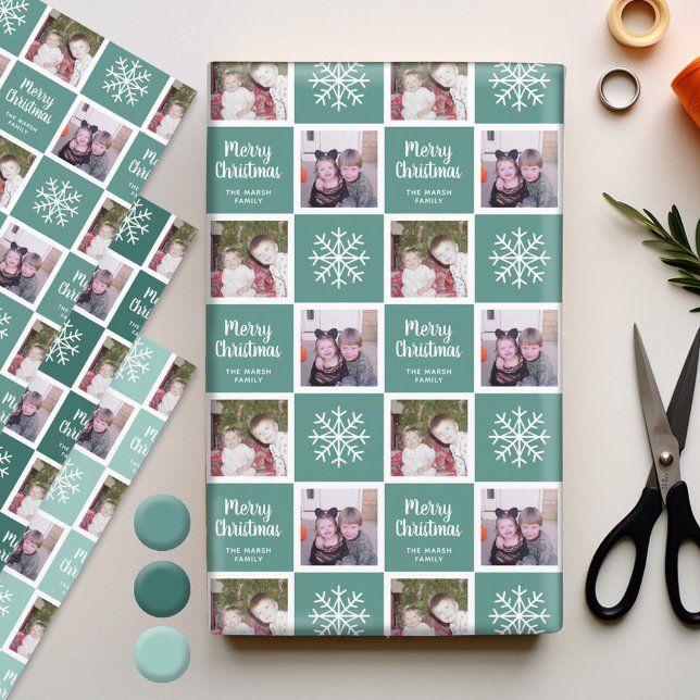 Feuille De Papier Cadeau 2 Photo Turquoises verts - Joyeux Noël Snowflakes (Personalized Wrapping Paper - add photos to this festive holiday design)