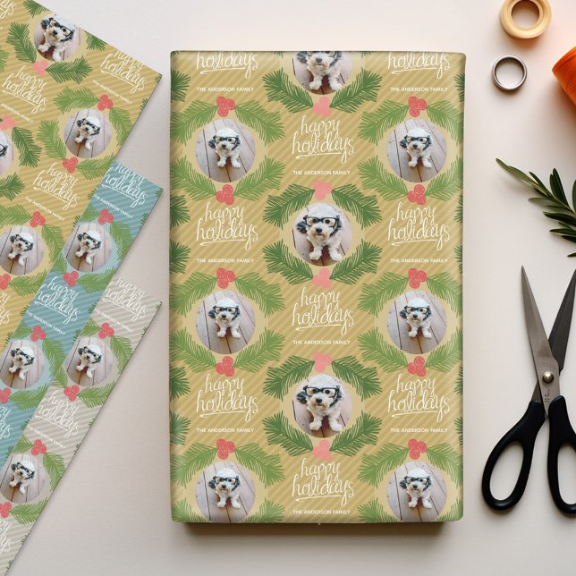 Feuille De Papier Cadeau 2 Photos Carrés Fêtes de Noël Whimsical Berry (Personalized Photo Wrapping Paper)