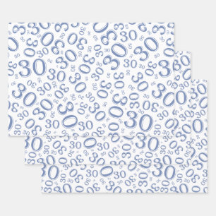 Feuille De Papier Cadeau 30e anniversaire bleu et blanc Motif de nombre al