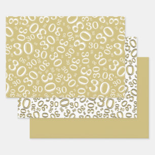 Feuille De Papier Cadeau 30e anniversaire Gold & White Number Motif 30