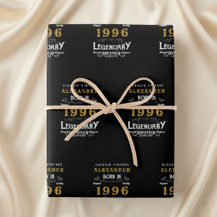 Feuille De Papier Cadeau 30e anniversaire Né en 1996 Légende Vintage Noir