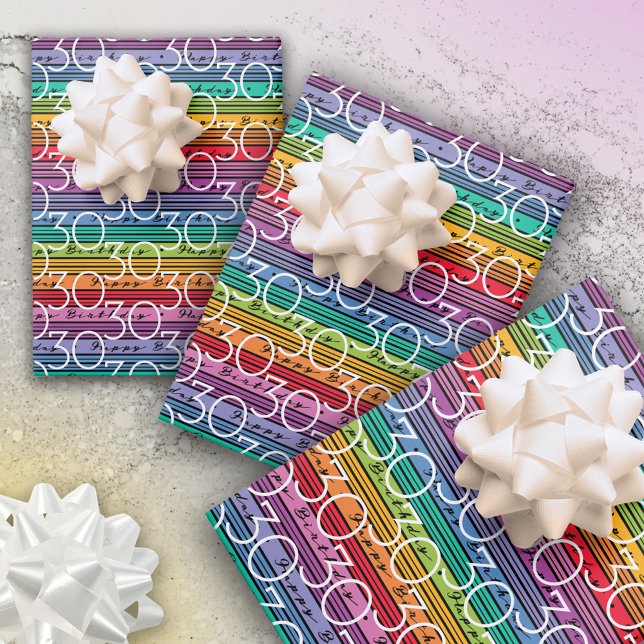 Feuille De Papier Cadeau 30e anniversaire Rainbow Stripes (Créateur téléchargé)