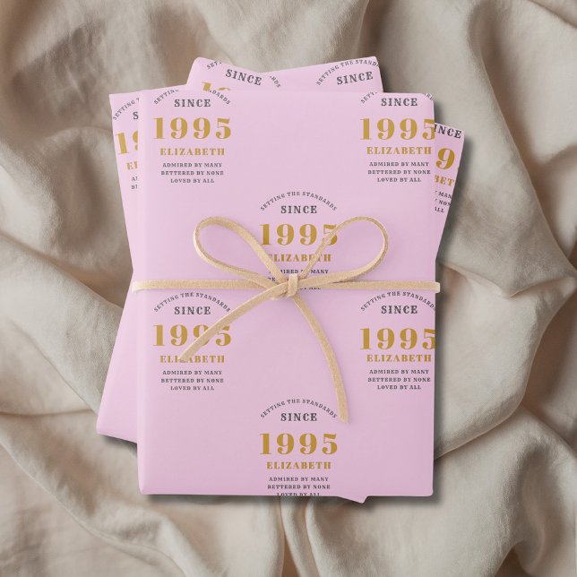 Feuille De Papier Cadeau 30th Birthday 1995 Ajouter le nom Pink Grey (30th birthday personalized pink wrapping paper.)