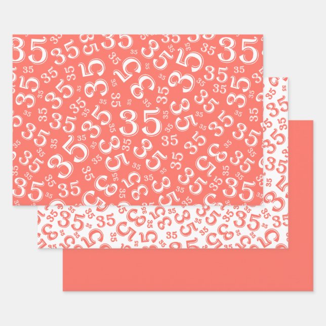 Feuille De Papier Cadeau 35e anniversaire corail/blanc Motif numéro aléatoi (Lot)