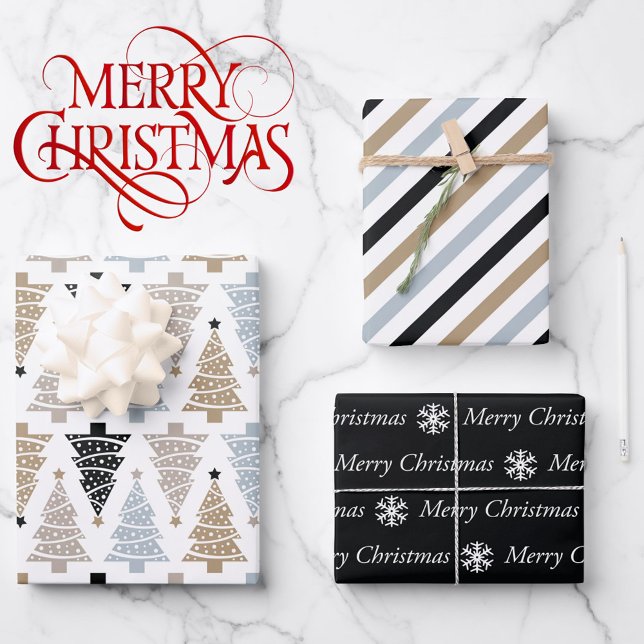 Feuille De Papier Cadeau 3 Coordination Black White Arbres de Noël (Créateur téléchargé)