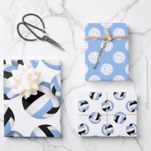 Feuille De Papier Cadeau 3 coordination volleyballs noirs bleu clair