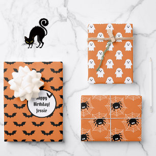 Feuille De Papier Cadeau 3 Coordonnées d'Halloween NOM Chauves-souris Fantô
