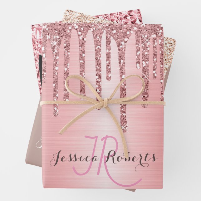 Feuille De Papier Cadeau 3 Couleur Chic Monogramme Fille Parties scintillan (En situation)