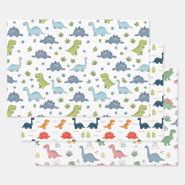 Feuille De Papier Cadeau 3 Cute Dino Pattern Kids Birthday (Lot)