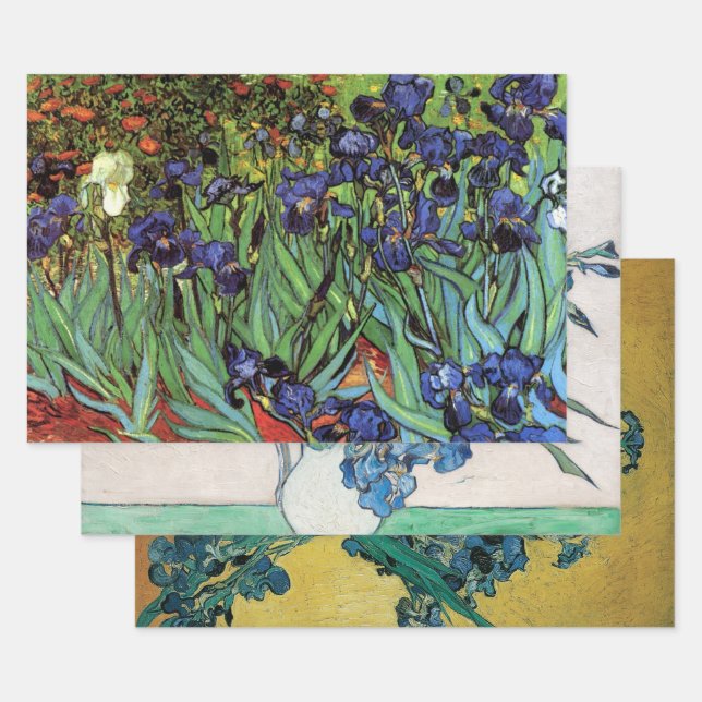 Feuille De Papier Cadeau 3 Fleurs Irises différentes par Vincent van Gogh (Lot)