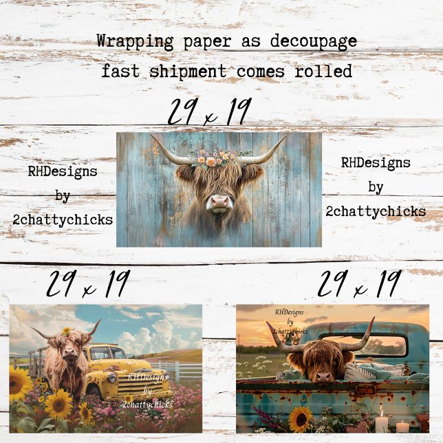 Feuille De Papier Cadeau 3 Highland Cow Charm Wrapping Paper for Decoupage  (Créateur téléchargé)