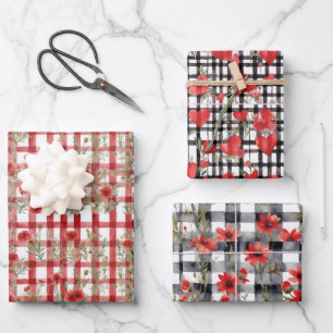 Feuille De Papier Cadeau 3 Motif Plutôt Rouge Floral Coeurs