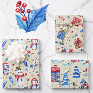 Feuille De Papier Cadeau 3 Noms, Pingouins Mis Rabbits Bleu Rouge Vacances