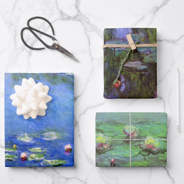 Feuille De Papier Cadeau 3 Nymphéas différents par Claude Monet (Recto)