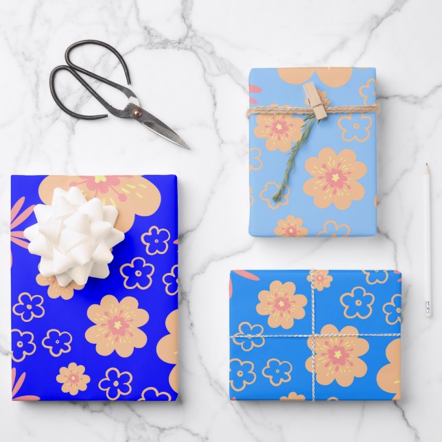 Feuille De Papier Cadeau 3 Pack Bleu Orange Motif Floral (Recto)