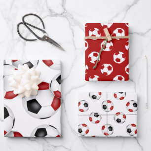 Feuille De Papier Cadeau 3 pc coordonnant équipe rouge noir couleurs soccer