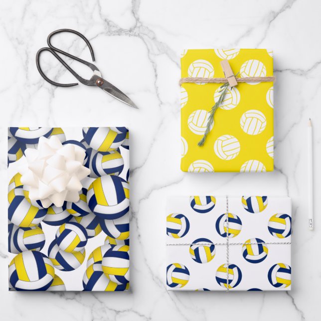 Feuille De Papier Cadeau 3 pc volleyball motifs coordination or bleu (Recto)