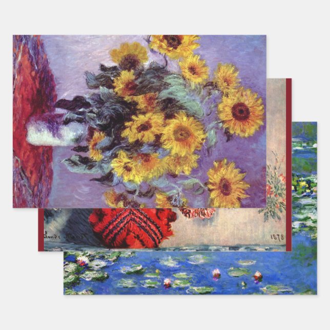 Feuille De Papier Cadeau 3 peintures de fleurs différentes par Claude Monet (Lot)