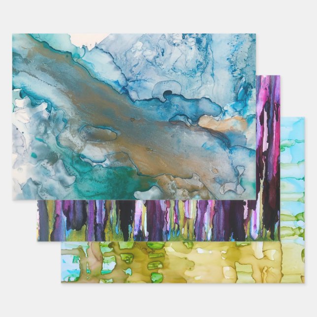 Feuille De Papier Cadeau 3 Peintures différentes à l'encre d'alcool (Lot)